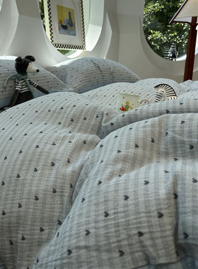 奶油风A类母婴级文艺少女皱皱双层纱爱心纯棉蓝色四件套1.5m1.8米