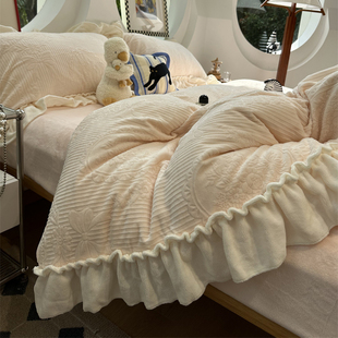 ins花边雕花绒少女心蝴蝶结粉珊瑚绒四件套1.5m1.8秋冬保暖法兰绒