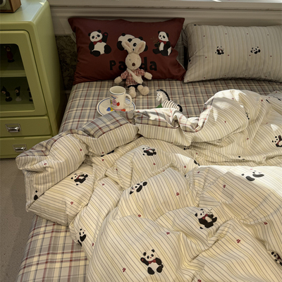 ins卡通线条可爱熊猫四件套全棉