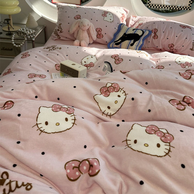 ins牛奶绒波点粉kitty床上四件套