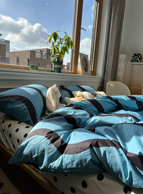 ins蓝色条纹床上四件套全棉纯棉文艺1.5m米被套床单三件套少女心