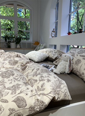 ins美式灰色小碎花加厚磨毛四件套全棉纯棉文艺1.5m1.8米被套床单