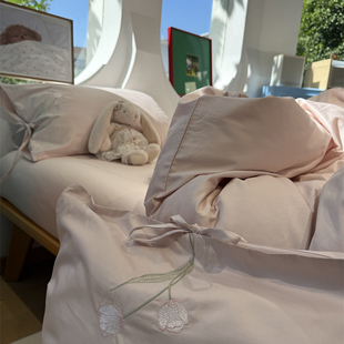 100s高支长绒棉郁金香粉蝴蝶结枕套四件套1.5m1.8米全棉床单被套