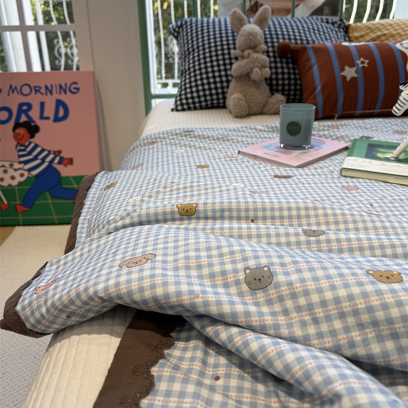 少女蓝色格子猫单层纱花边夏凉被