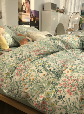 ins小清新韩式绿色田园风小碎花床上四件套全棉纯棉被套三件套1.5