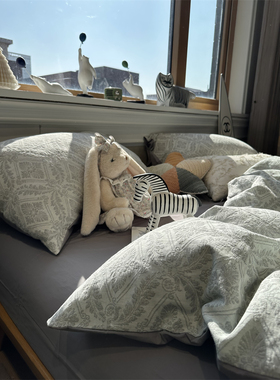 ins水洗棉提花灰色复古民宿风床上四件套全棉纯棉文艺被套床单1.8