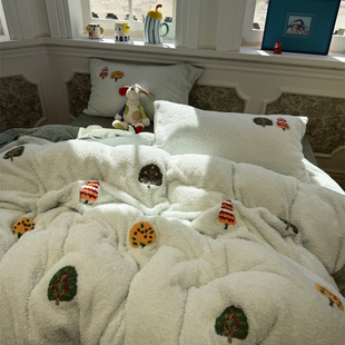 ins冬加厚蚂蚁绒刺绣森林小鹿绿牛奶绒保暖四件套珊瑚绒1.5m1.8米