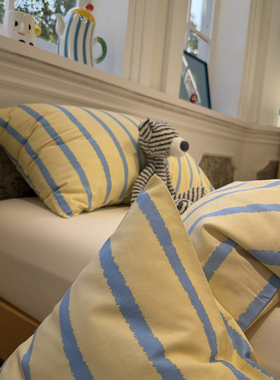 ins秋冬加厚保暖复古黄蓝色条纹纯棉磨毛被套单件1.5m1.8米少女心