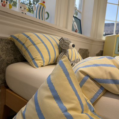 复古黄蓝色条纹纯棉磨毛被套单件