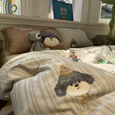 ins卡通灰条奶狗四件套全棉纯棉