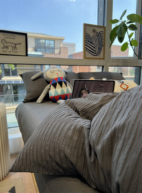 ins韩式泡泡纱黑灰色床上四件套全棉纯棉文艺1.5m1.8米被套床单罩