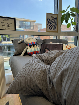 ins韩式泡泡纱黑灰色床上四件套