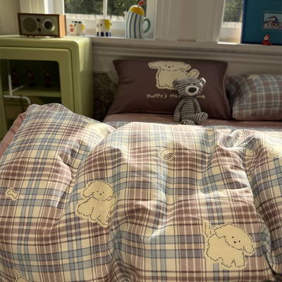 ins卡通紫格小白四件套全棉纯棉