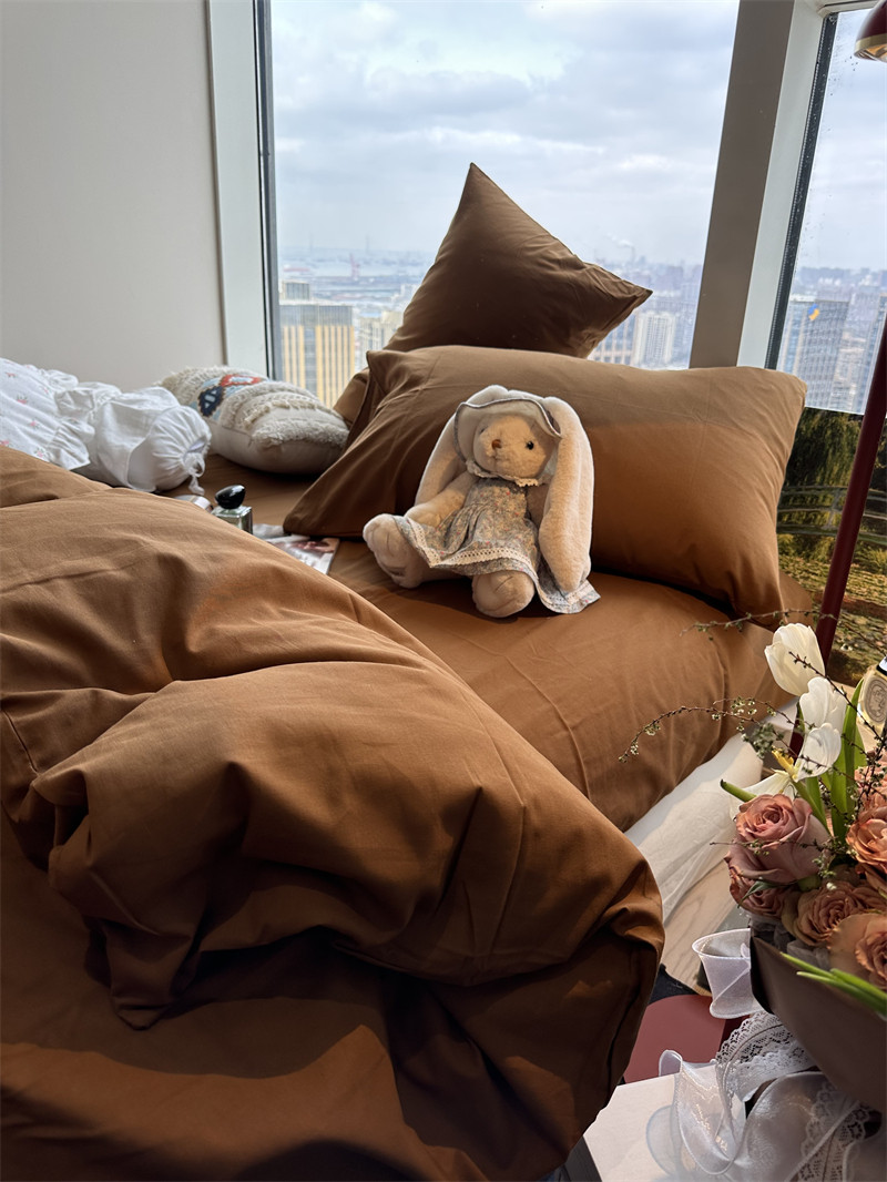 ins栗子棕色床单被套床上四件套全棉1.5m1.8水洗棉被套床单三件套