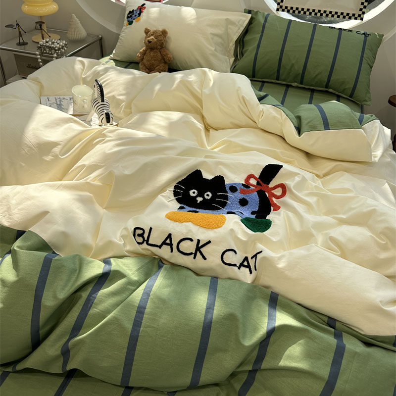 可爱条纹小猫毛巾绣纯棉四件套1.5m1.8米学生床单被套宿舍三件套