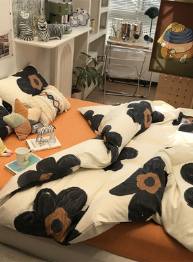 ins黑色油画风欧美式轻奢床上四件套全棉纯棉文艺被套床单三件套