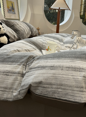 北欧简约灰黑色条纹纯棉床上四件套全棉1.5m1.8公寓柔软被套床单