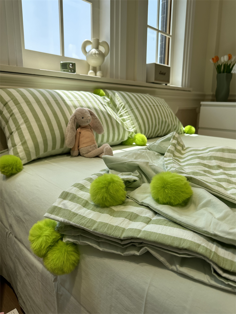 色织水洗棉毛球球绿色条纹单双人夏凉被四件套薄被子空调被芯纯棉