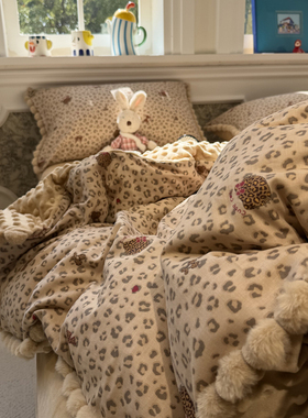 美式毛球边A版双层纱B版豆豆绒时尚豹纹猫咪咖四件套1.5m1.8保暖