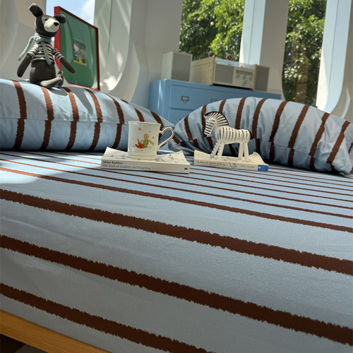 韩系蓝咖条纹磨毛床笠床单单件