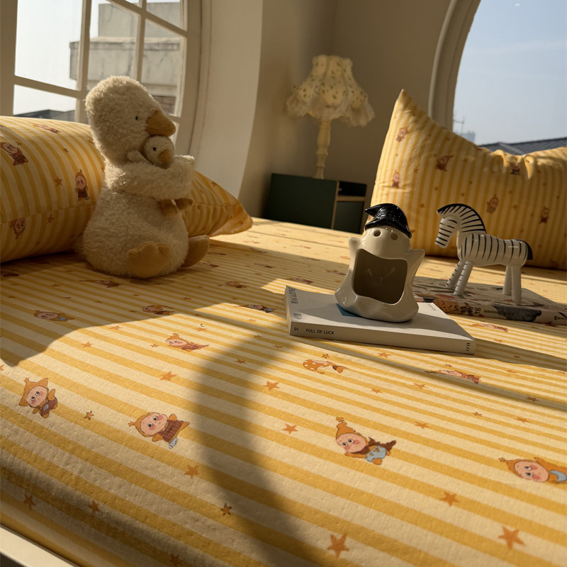 卡通少女心条纹星星人黄色双层纱床笠床单单件保护套纯棉宿舍床罩