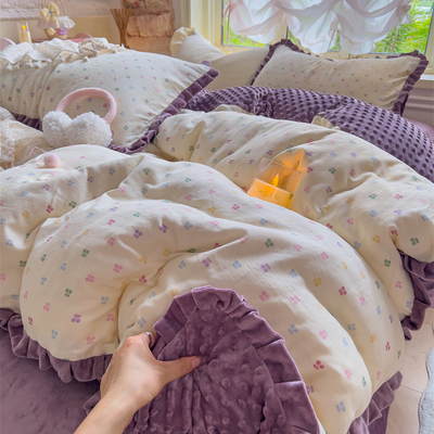 双层纱加豆豆绒紫樱桃可颂四件套