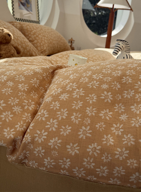 ins水洗棉提花黄色小雏菊床上四件套全棉1.5m1.8米公寓被套三件套