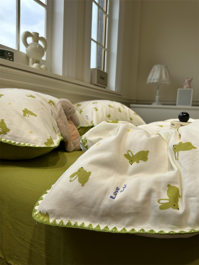 A类母婴双层纱绿色小兔子少女四件套全纯棉1.5m1.8被套床单三件套