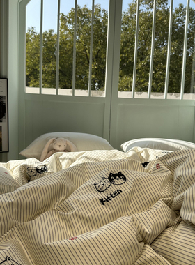 卡通黑白条纹小猫被套全棉单件单双人纯棉被子被罩宿舍180x220cm