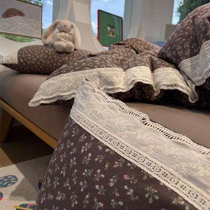 A类母婴级韩版少女蕾丝花边双层纱复古棕全棉纯棉四件套1.5m1.8米