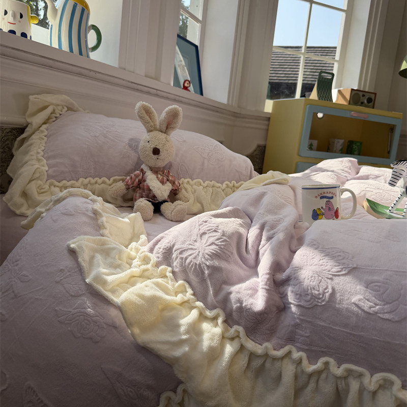 法式ins花边雕花绒花蝴蝶仙女紫床上四件套1.5m1.8米冬保暖法兰绒