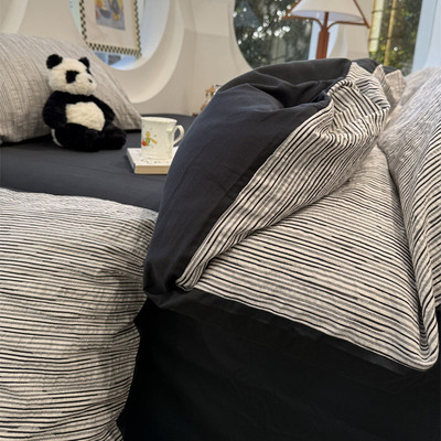 水洗棉简约提花条纹黑床上四件套
