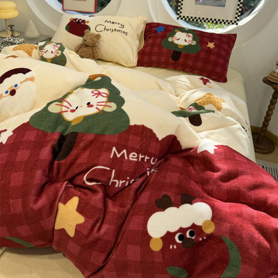 卡通少女心圣诞猫咪床上四件套