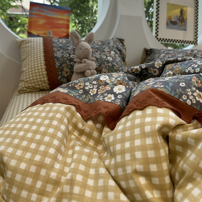 小碎花黄格子蕾丝花边纯棉四件套