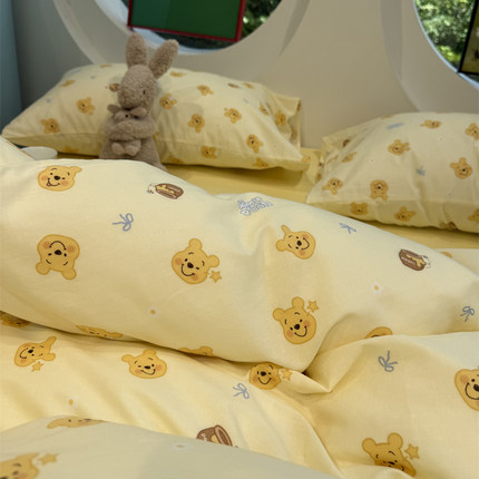 A类卡通可爱维尼熊黄色双层纱纯棉四件套1.5m1.8米全棉床单被套