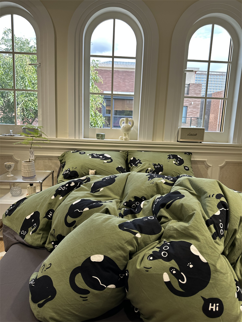 卡通军绿全棉针织黑猫煤球四件套