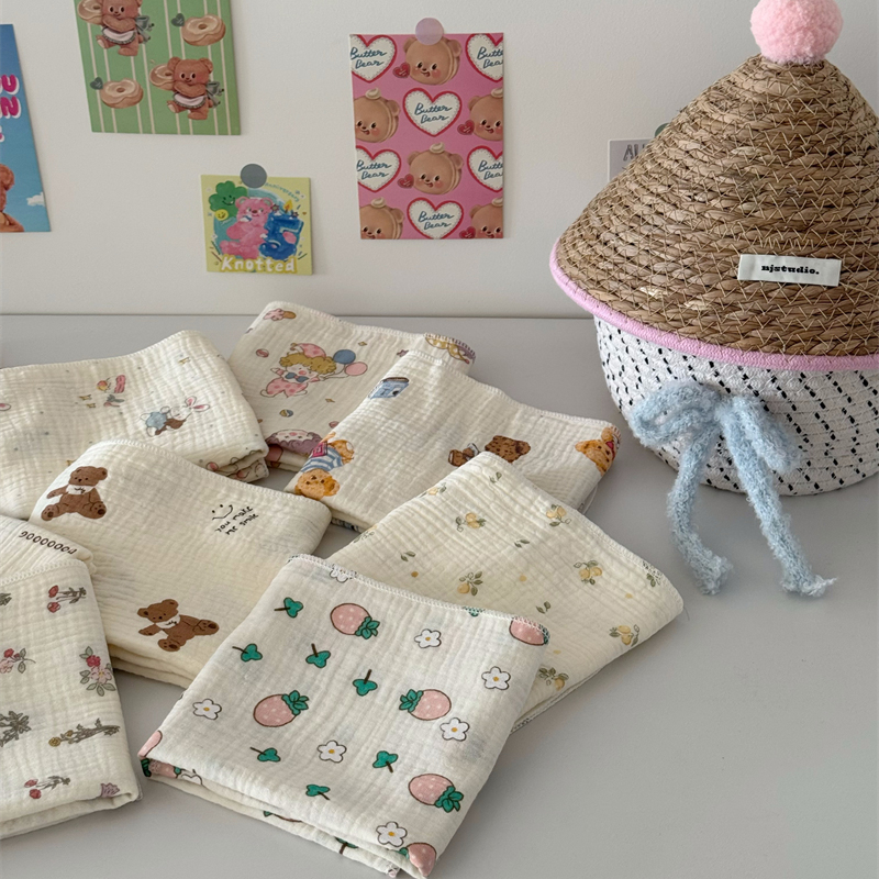 粉粉草莓纯棉A类皱皱纱婴儿毛巾