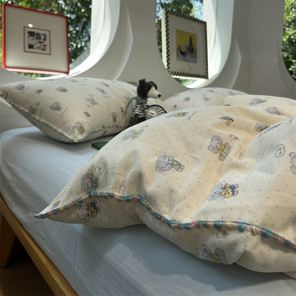 A类蓝色波点小象双层纱母婴级床上四件套1.5m1.8米全棉床单被套