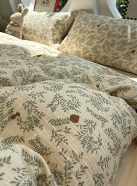 田园风A类母婴级皱皱双层纱绿色小碎花纯棉四件套1.5m1.8米全棉