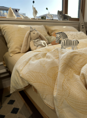 ins叶子黄色水洗棉提花床上用品四件套全棉纯棉文艺1.5米被套床单