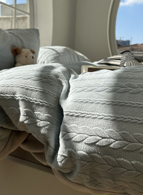 ins冬季法兰牛奶绒立体雕花简约蓝灰色床上四件套珊瑚绒1.5m1.8米