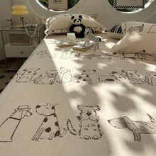 卡通线条小狗文艺纯棉磨毛床笠床单枕套单件1.35m1.5米床垫保护套