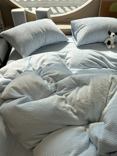 脏脏蓝山茶花雕花绒奶油蓝珊瑚绒四件套1.5m1.8秋冬保暖法兰绒冬