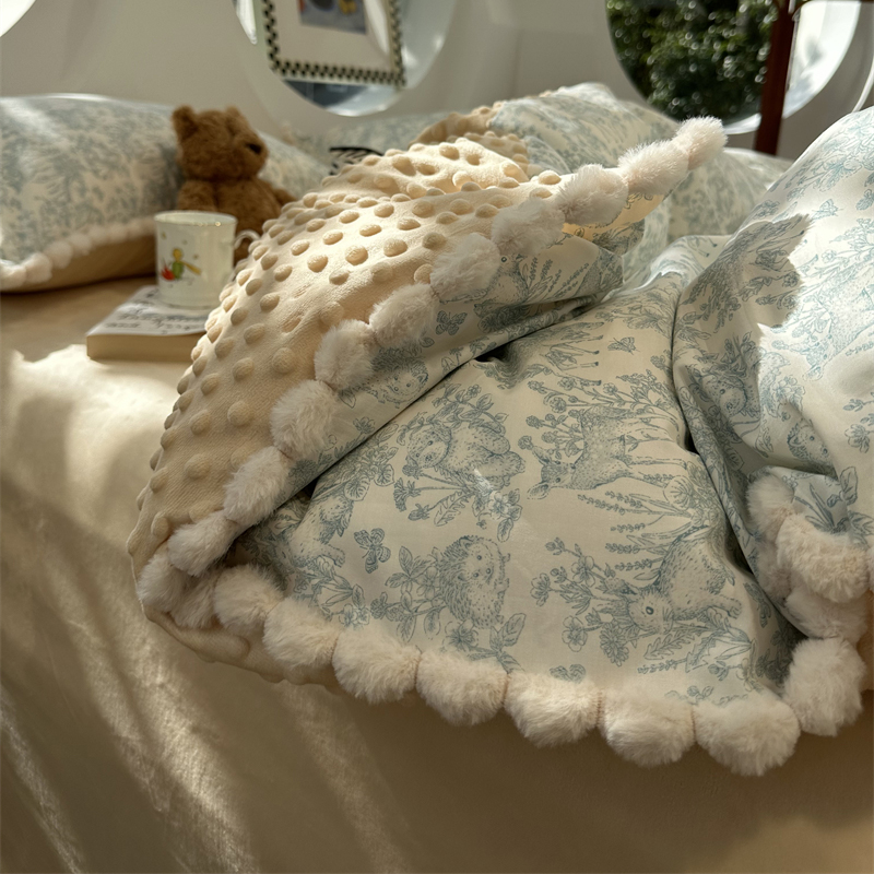 田园小碎花棉加豆豆绒四件套