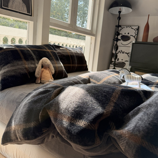 北欧风冬季加厚保暖A版仿羊绒B版牛奶绒雅致灰四件套珊瑚绒1.5m米