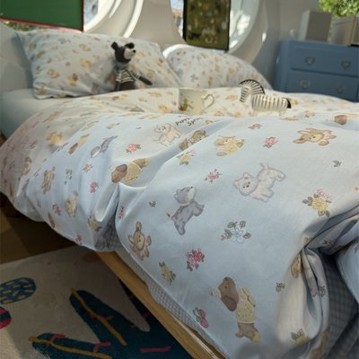 少女心蓝色碎花小狗床上四件套