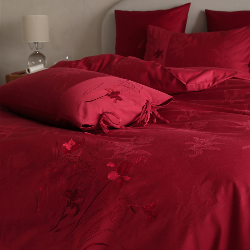 婚庆大红色花好月圆床上四件套