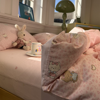 卡通豹纹小猫粉床上四件套全棉