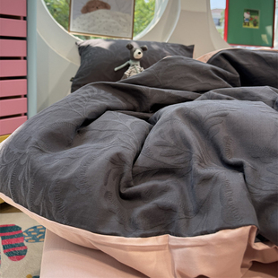 北欧60s浮雕磨毛提花秋冬保暖沄梦青灰色纯棉四件套全棉1.5m1.8米