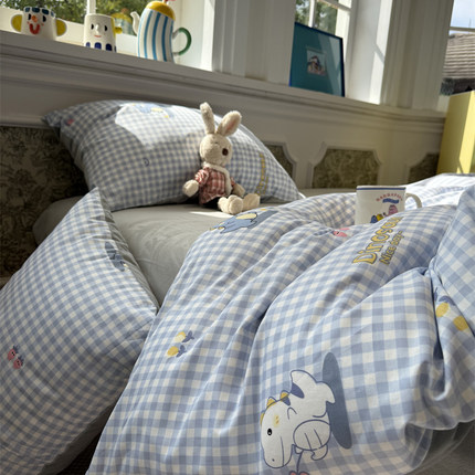 A版纯棉B版宝宝绒卡通棉加绒蓝格恐龙宝贝四件套1.5m1.8米冬保暖
